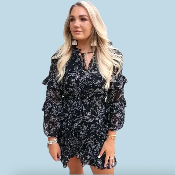 TCEC Dress Ruffle Tiered Black Floral Medium Romantic Fall Weddings Date Night - Picture 2 of 9